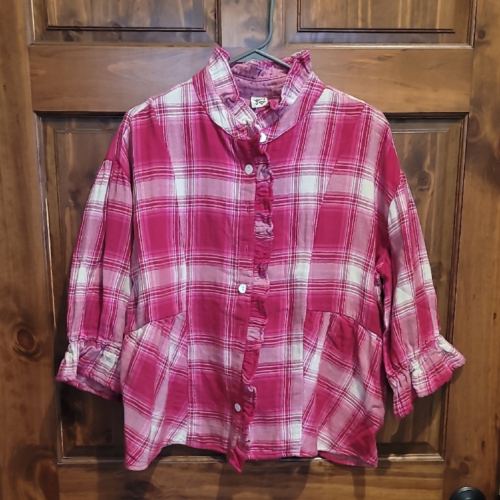 Ivy Jane Womens Plaid Button Down Shirt in Dark Pink and White